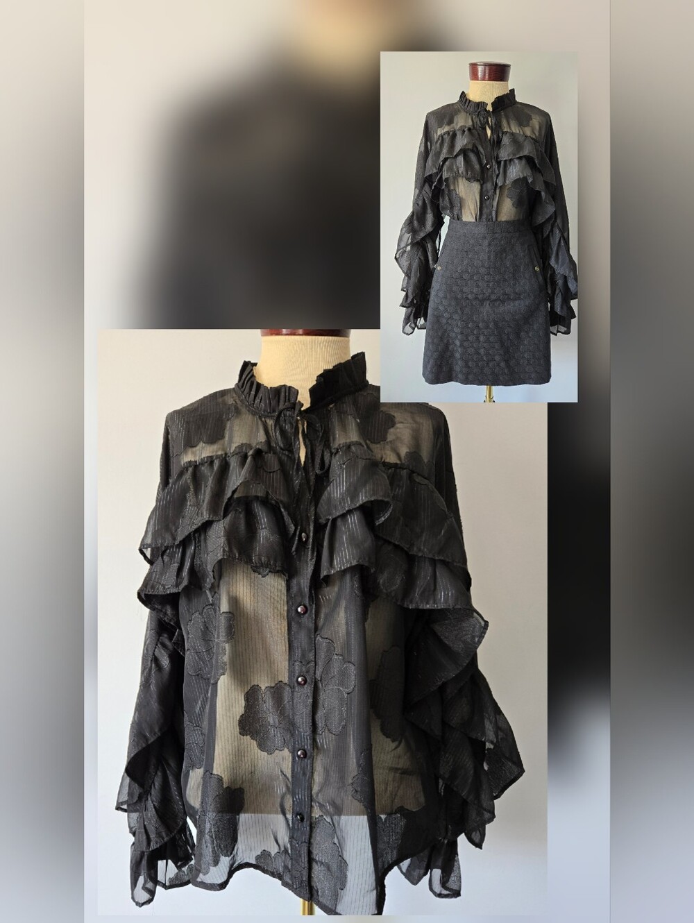 Ultra Pink Sheer Black Ruffle Button-Up Blouse. Size L
